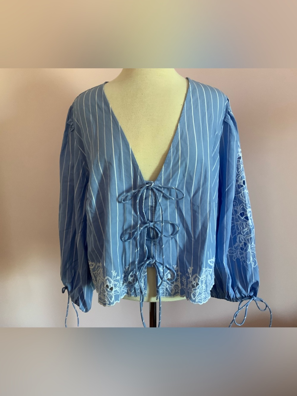 Blue Cotton Striped Tie-Front Women's Top